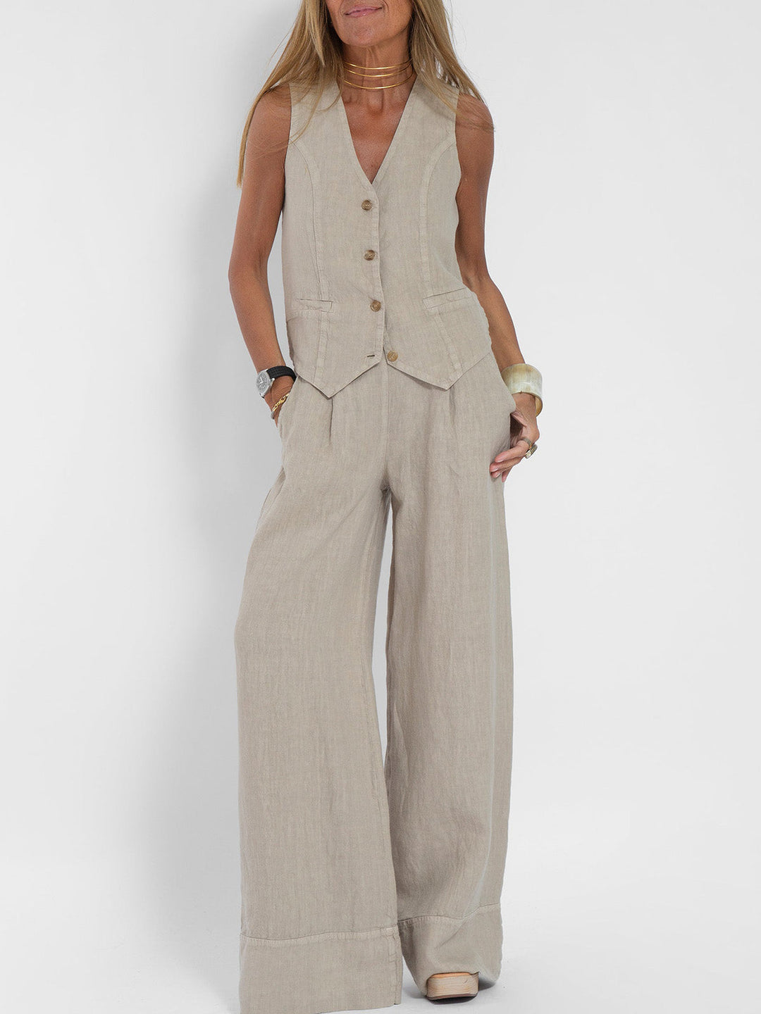 Aira - Buttoned Vest & Wide-Leg Trousers Set