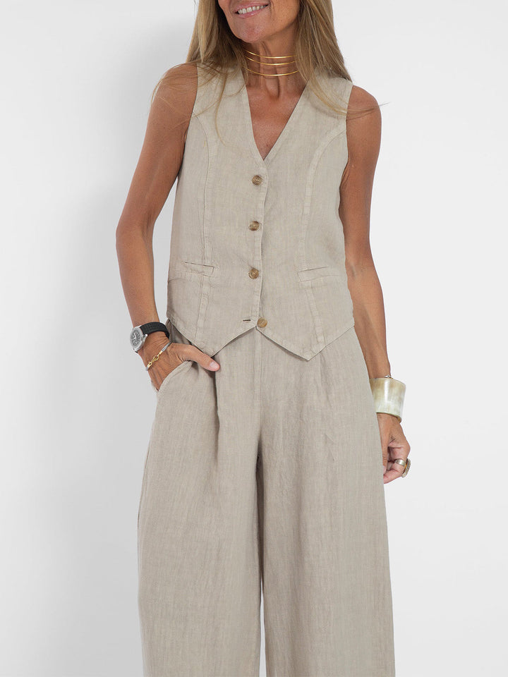 Aira - Buttoned Vest & Wide-Leg Trousers Set