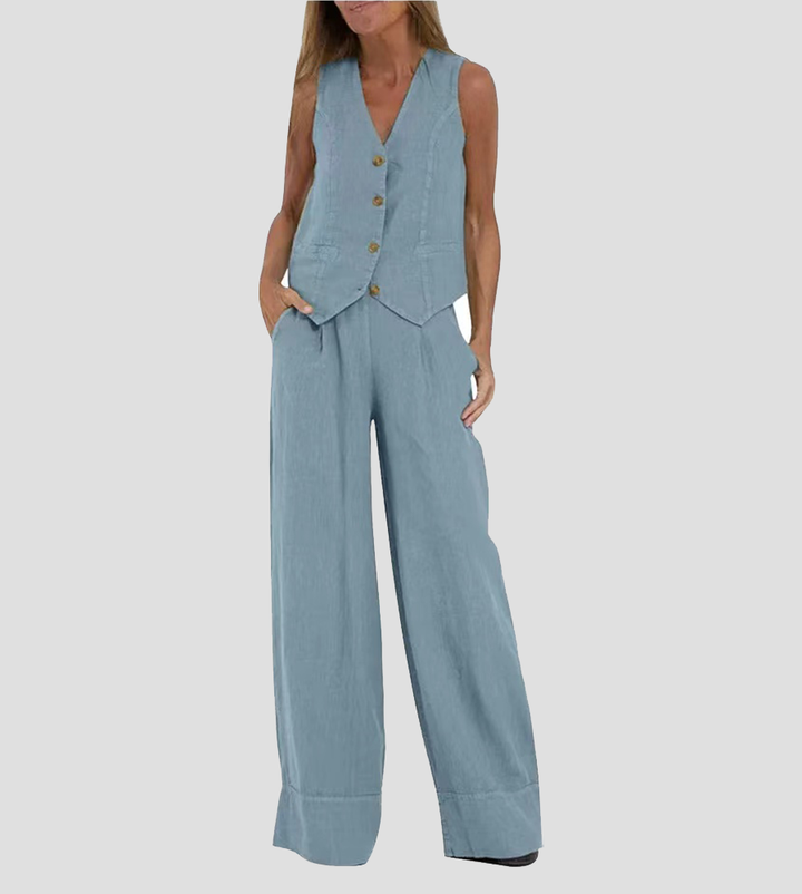 Aira - Buttoned Vest & Wide-Leg Trousers Set