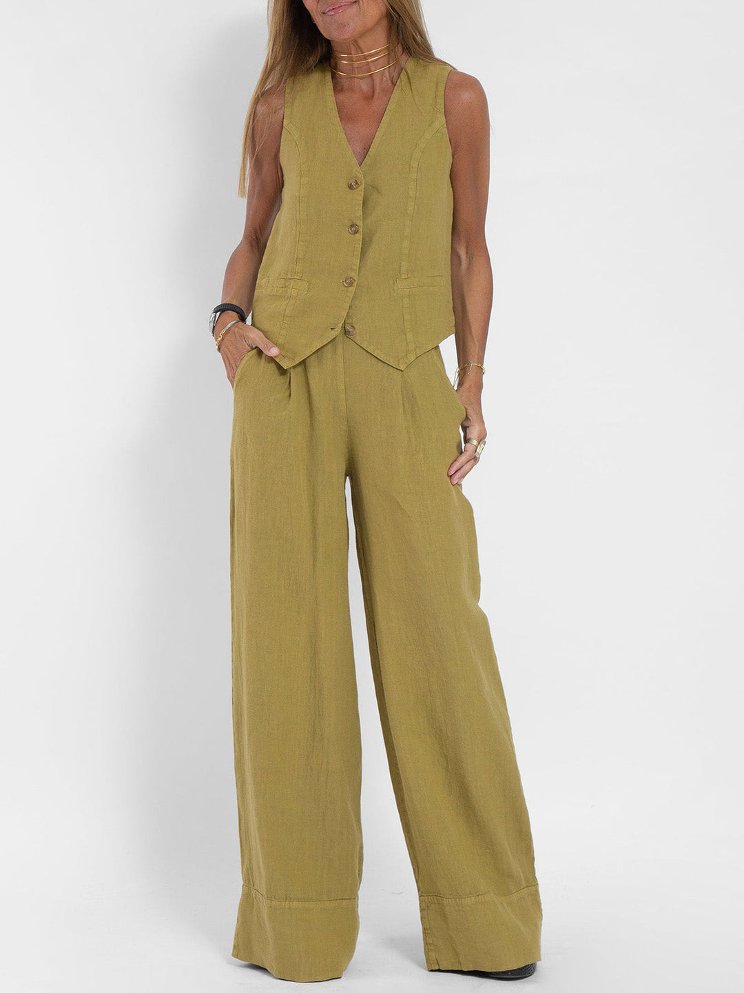 Aira - Buttoned Vest & Wide-Leg Trousers Set