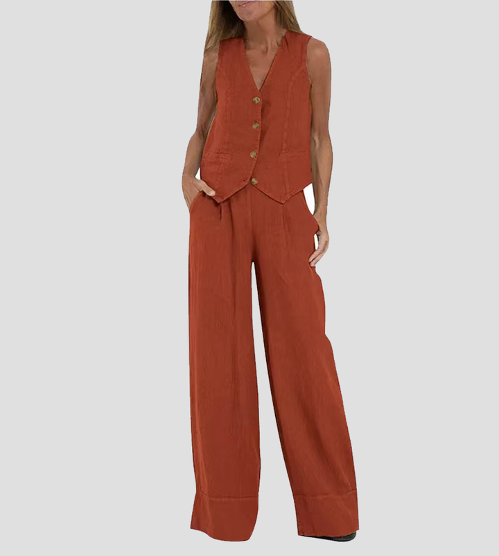 Aira - Buttoned Vest & Wide-Leg Trousers Set